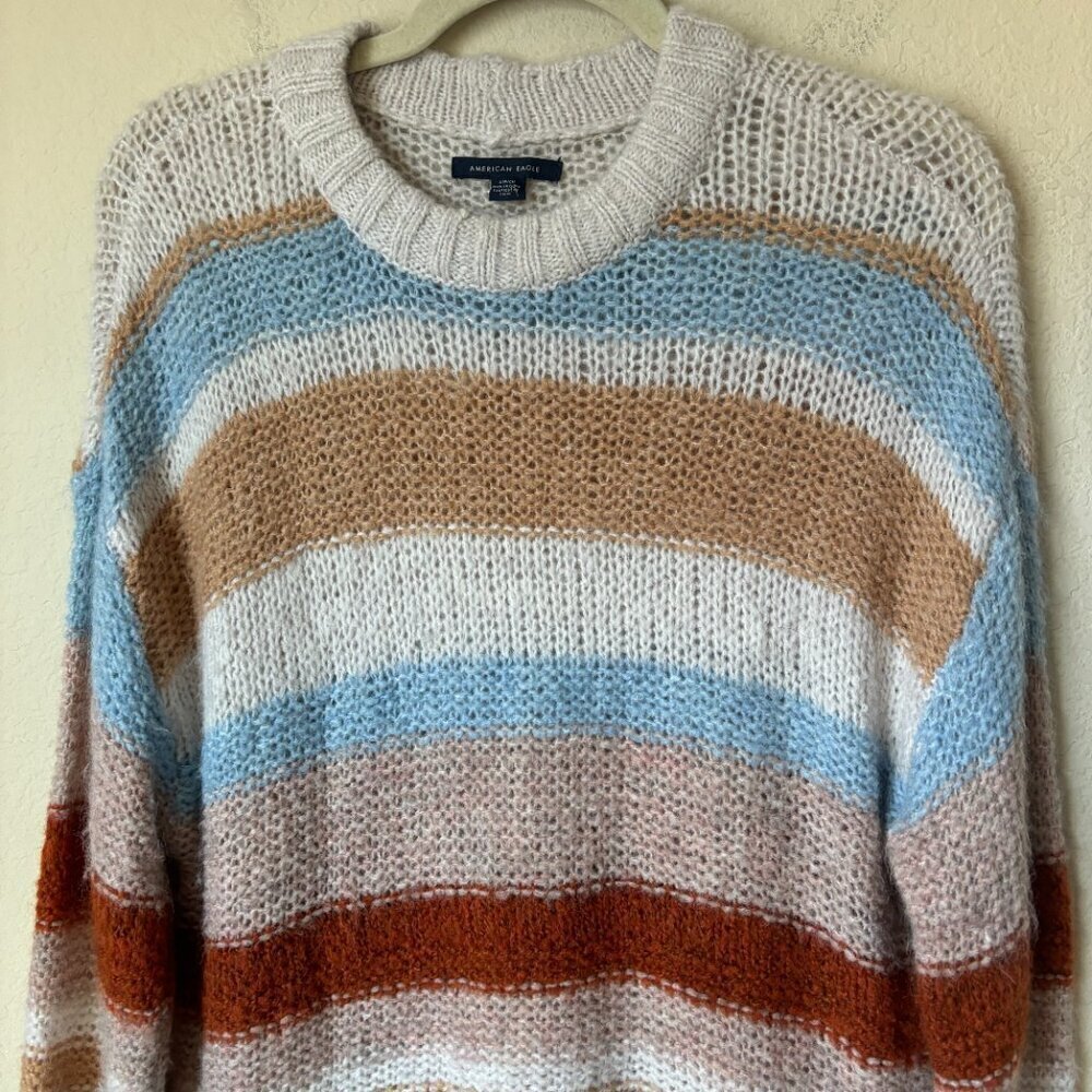 American Eagle Cozy Wool Blend Boho Striped Print Slouchy Sweater - Picture 3 of 7